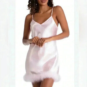 NWOT INBLOOM Hope Marabou-Trim  Satin Chemise in pale pink XL